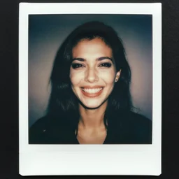 portrait of woman smiling. photo, surreal, harsh lighting. polaroid type 6 0 0. supernatural. horror. agonizing pain