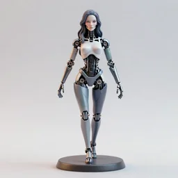 80mm resin detailed miniature of a female android, robotic metal arm and leg, beautiful bone structure, symmetrical facial features, Product Introduction Photos, 4K, Full body