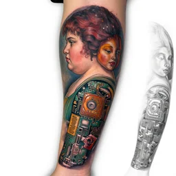 portrait of a tportrait in profile of a cute fat girl tattoo arm sleeves pattern heavy bombers, circuitboard,, rich deep colors, ultra detail, by francis bacon, james ginn, petra courtright, jenny saville, gerhard richter, zdzisaw beksinsk, takato yamamoto. masterpiece, elegant fashion studio ighting 3 5 mm