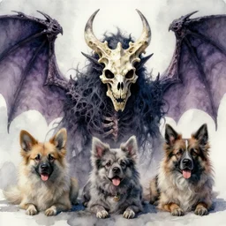 Diabolical Masterpiece Fuzzy Paws Fluffy Ears Filipe Pagliuso Arsen Asyrankulov qi917 Pasquale Scionti João Bragato artstation ancient dracolich flying wraith dragon, wearing bone crown lich skeleton crypt watercolor face head eyes teeth snout collar ASPCA adoption center