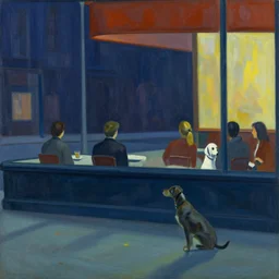 “ nighthawks by edward hopper, but with dogs in the cafe.