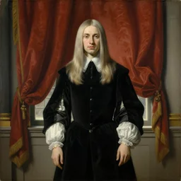 museum painting, wide - shot, pale beautiful young male man, mouse hair, long, smooth shoulder - length!! hair, dressed in 1 7 th century, black clothes, white clothes, gloves, background is the rich curtain!!! on a window, sharp focus, highly detailed, digital art, oil painting, masterpiece, artgerm, rutkowski, mucha, leyendecker