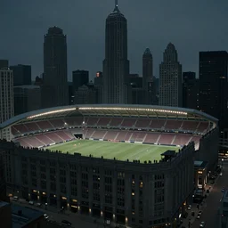 art deco sports stadium on top of a skyscraper, Stacked city, Chicago, dark city, olympics event 1930's, moody lighting, cinematic, upshot, Road to Perdition stillframe, starring Jennifer Connely