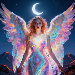 androgynous angel radiating infinite psychic fractal waves, medium close - up, volcanic background, crescent moon, bright neon colors, highly detailed, hig resolution, cinematic, eyvind earle, tim white, philippe druillet, roger dean, lisa frank, aubrey beardsley, hiroo isono