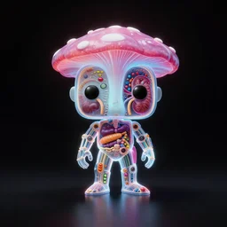 Pictoplasma, pictoplasma, pictoplasma, Simple chromatic xray, bionic exploded drawing, crossection funko pop toyfigure fungus sculpture, jellybeans, organs, kidney, by david lachapelle, by angus mckie, by rhads, in a dark empty black studio hollow, c4d, at night, rimlight, c4d, by jonathan ivy, by alex grey, Haeckel