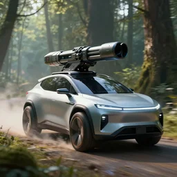 futuristic suv designed by apple with a railgun on top driving through forest art by greg rutkowski and paul ozzimo, epic fantasy sci - fi volumetric light clear focus detailed unreal engine digital art trending on artstation deviantart octane render,