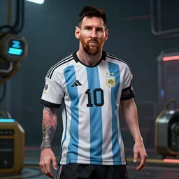 Messi as a cyber/cyberpunk 2077/realistic/very detailed/HDR/steampunk