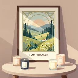 illustration with a set of beautiful scented candles on the table, an art deco painting by tom whalen, cozy interior, trending on behance, grainy texture, flat shading, vector art, airbrush, pastel, watercolor, poster