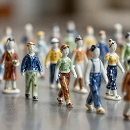 A crowd of walking colourful porcelain people figurines close up, tilt shift, reflections, Canon TS-E 17mm f/4, pristine quality wallpaper