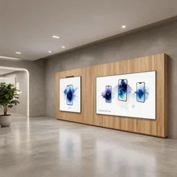2 0 3 0 s flagship retail interior. experience. telco digital screens phones. wood, polished concrete, neon, ceiling spots. plants. samsung microsoft apple nike adidas tesla muted colors!!! watercolor and fineliner