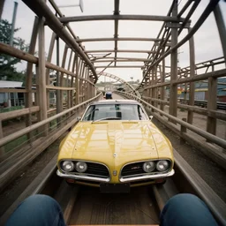 a 1 9 6 6 pontiac gto driving on a wooden rollercoaster, first - person perspective, fujifilm quicksnap 4 0 0 photography