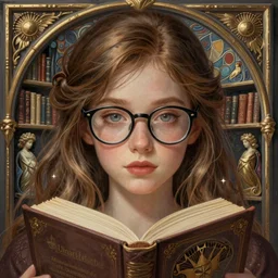 portrait of girl nerd in glasses with a book, perfect face, magic library, fantasy, intricate, elegant, highly detailed, digital painting, artstation, concept art, matte, sharp focus, illustration, hearthstone, art by artgerm and greg rutkowski and alphonse mucha