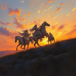 a beautiful painting of ghost riders in the sky, sunset, by wlop, tooth wu and charlie russell