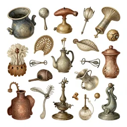 Abstract non-sense design poster of random vernacular objects, white background, 8k, detailed