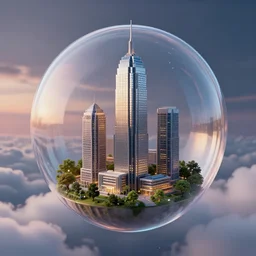 miniature skyscraper inside a glass bubble, floating on clouds, realistic 3 d render, unreal engine, gardens, maya, 8 k, smooth, sharp focus, octane, twilight
