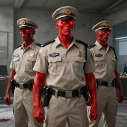 ( ( beige ) ) uniform and caps ( red skin zombie ) ranger officers ( background brutalist gray concrete office ) trending on artstation high detail digital painting 4 k 8 k hd accurate glow red