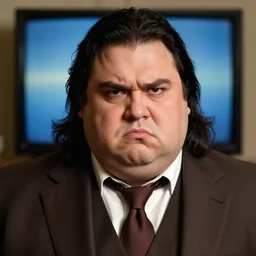 Close up portrait of a clean-shaven chubby man with long black hair wearing a dark brown suit and necktie with a television in the background. Photorealistic. Award winning. Dramatic lighting. Intricate details. UHD 8K. He looks angry.