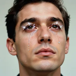 close cropped portrait photo of a man looking up, the man has tears made of diamonds sparkling on his face, he has blood forming around his eyelids emitting aura, 1 9 6 0, life magazine photo, natural colors, metropolitan museum, kodak, 8 k, very detailed, high resolution, product photo,