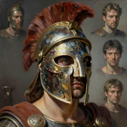 A mixed media portrait painting of a man wearing the roman gladiator mask-of-Damocles, detailed mask, detailed jaw and eyes, dried blood, by Frank Frazetta, Greg Rutkowski, Beeple, Yoko Taro, Christian MacNevin, epic fantasy character art, roman numerals, high fantasy, CGsociety, full length, exquisite detail, post-processing, masterpiece, volumetric lighting, cinematic