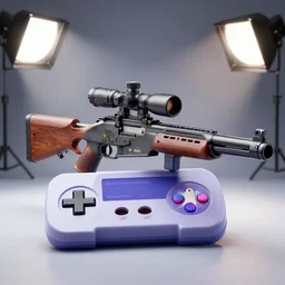 A commercial photo of a super-nintendo with a Sniper gun, studio background, studio lighting, photorealistic, octane render, 8K, highly detailed, high quality, product photo