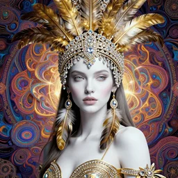 absurdly beautiful, fashionable young woman with clear white skin, wearing a headdress made from diamonds and gold and feathers, wearing large earrings made from feathers, in the fourth dimension, psychedellic fractals, ayahausca, tryptamine, hyperdetailed illustration by irakli nadar and alexandre ferra, intricate linework, unreal engine 5 highly rendered, global illumination, radiant light, detailed and intricate environment