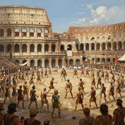 a historical depiction of an epic scene inside the roman coliseum filled with dueling gladiators, spectators, in the style of greg rutkowski and remedios varo, digital painting, photorealistic, ornately detailed, unreal engine, extremely detailed masterpiece, illustration, trending on artstation
