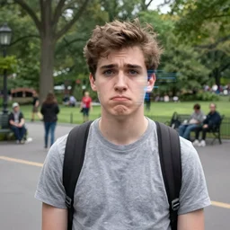 photo of a disappointed umimpressive young man in central park, face is glitched, 3 eyes