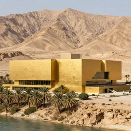 photo of a large golden contemporary museum, desert arid mountain, palm tree forest, cliff, river, rammed earth, windows, 5 floors, trees and vegetation, snohetta, golden stones and color palette, sun rays, golden hour atmosphere, 8 k, octane,