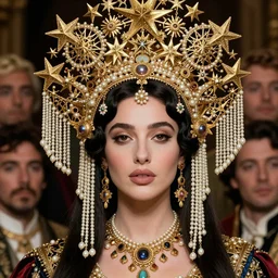 a beautiful portrait render of young Monica Bellucci who has baroque dramatic headdress with intricate fractals of stars and tassels made of pearls ,by tom bagshaw and Daveed Benito and Billelis and aaron horkey and peter gric,trending on pinterest,rococo,orientalism,hyperreal,jewelry,gold,rose,maximalist