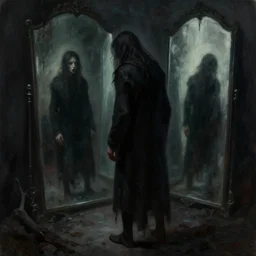dark fantasy painting of disturbing figure standing in the mirror, mirrors, haunting, haunted, art by greg rutkowski