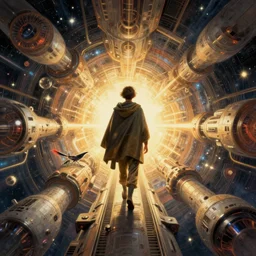 centered portrait of illustration, a person with a short cloak traveling in a space ship, volumetric, birdman, awesome scheme, intrincate, art by jean giraud and moebius
