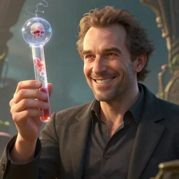 Peter Thiel with a grin holding a sealed test tube with trapped human souls. Unreal engine, fantasy art by Betty Jiang. Faithfully depicted facial expression, perfect anatomy global illumination, radiant light, detailed and intricate environment