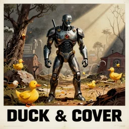 duck and cover from evil cyborgs 1960s government poster.