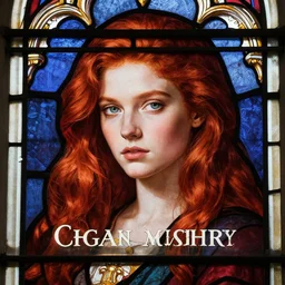 most beautiful face young redheaded woman inscribed in the stained glass of gothic church, detailed, photorealistic, cinematic