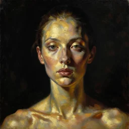 refined gorgeous blended oil painting with black background by christian rex van minnen rachel ruysch dali todd schorr of a chiaroscuro portrait of an extremely beautiful cyborg ai with shiny golden skin vanitas intense chiaroscuro cast shadows obscuring features dramatic lighting perfect composition masterpiece