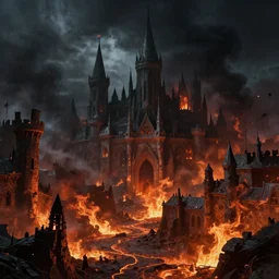 medieval city magma burning everything black smoky sky, sinister, Game of Thrones, volumetric lighting, fantasy artwork, very beautiful scenery, very realistic painting effect, hd, hdr, cinematic 4k wallpaper, 8k, ultra detailed, high resolution, artstation