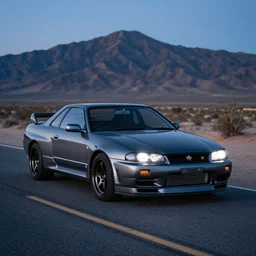 three quarter front photo of a stock grey nissan r 3 2 skyline gt - r on a road in a desert with a mountain in the background in the early morning, car photography, zoom lens, blue hour