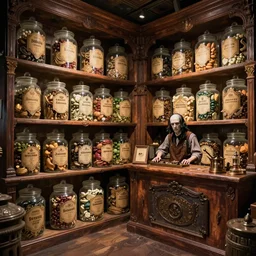 Inside an old magical shop, large jars on shelves, beautiful labels, fantasy vendor interior, wide angle, arkham horror, lovecraft illustration, cinematic, highly detailed, photorealistic, rich bright colors, trending on artstation, trending on cgsociety