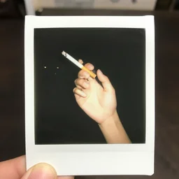 a polaroid photo of woman hand with a cigarette, bokeh