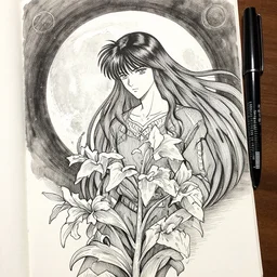 dream wanderer and the moon, belladonna plant, pen and ink, intricate line drawings, by Yoshitaka Amano, Ruan Jia, Kentaro Miura, Artgerm, watercolor