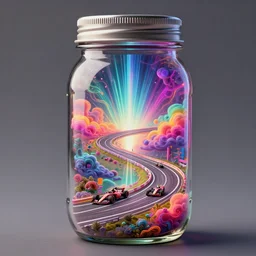[ palate ] [ muted neon colors ] mason jar containing a formula one racetrack, racetrack preserved inside a glass jar, cars racing on track inside of a mason jar, award winning composition, vibrant neon nebulous clouds, symmetrical details, hyper - realistic illustration, radiant light rays, photorealistic, intricate and fine details, volumetric lighting,