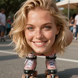 lovely detailed face of blonde bikini model rollerblading on the streets and having fun, sharp eyes, smile, portrait, close - up face