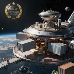 Digital art of an alien space station trade terminal in orbit, with shipping containers docking,