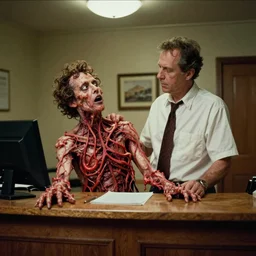 wayne static body horror directed by david cronenberg, hampton inn front desk, limb mutations, swollen veins, red flesh strings, cinestill 8 0 0 t, 1 9 8 0 s movie still, film grain