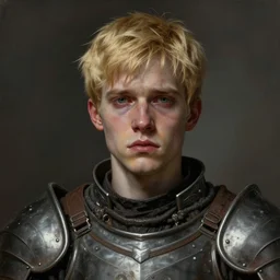 portrait painting of a mildly tan melancholic young man with a soft face and short blonde hair wearing armor, ultra realistic, concept art, intricate details, eerie, highly detailed, pursed lips, sad expression, photorealistic, octane render, 8 k, unreal engine. art by artgerm and greg rutkowski and charlie bowater and magali villeneuve and alphonse mucha