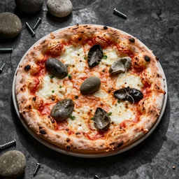 Proper Italian pizza with river stones and metal screws, morning hard light, professional food photography, 80mm, top down