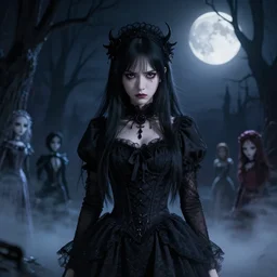 full shot portrait of angry darkness Clara Morgane as a cute anime girl at moonlight, gothic wearing, darkness background, inspired by Tim Burton, Norihiro Yagi, Marc Simonetti, Amano, Juri Misaki, detailed, unreal engine 4k volumetric light, fog,