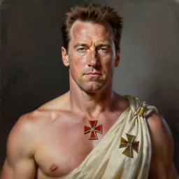 arnold schwarzenegger as conan, closeup portrait, sci fi, fantasy, intricate, with german iron cross on bare chest, elegant, loin cloth, highly detailed, oil painting, artstation, concept art, matte, sharp focus, illustration, hearthstone, art by earl norem