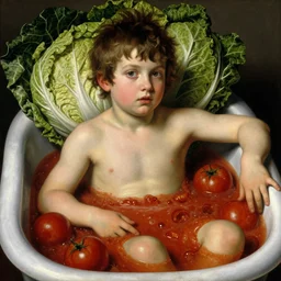 a boy sitting in a tub full of tomato sauce, a lot of cabbage, by giuseppe arcimboldo and ambrosius benson, renaissance, portrait, fruit, intricate and intense oil paint, realistic, award - winning