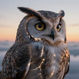 biblical mage android owl, deep gaze to the side, closeup, bright glowing veins, in clouds, sunset, portrait, by gerald brom, by mikhail vrubel, by peter elson, muted colors, extreme detail, reflections, trending on artstation, 8 k